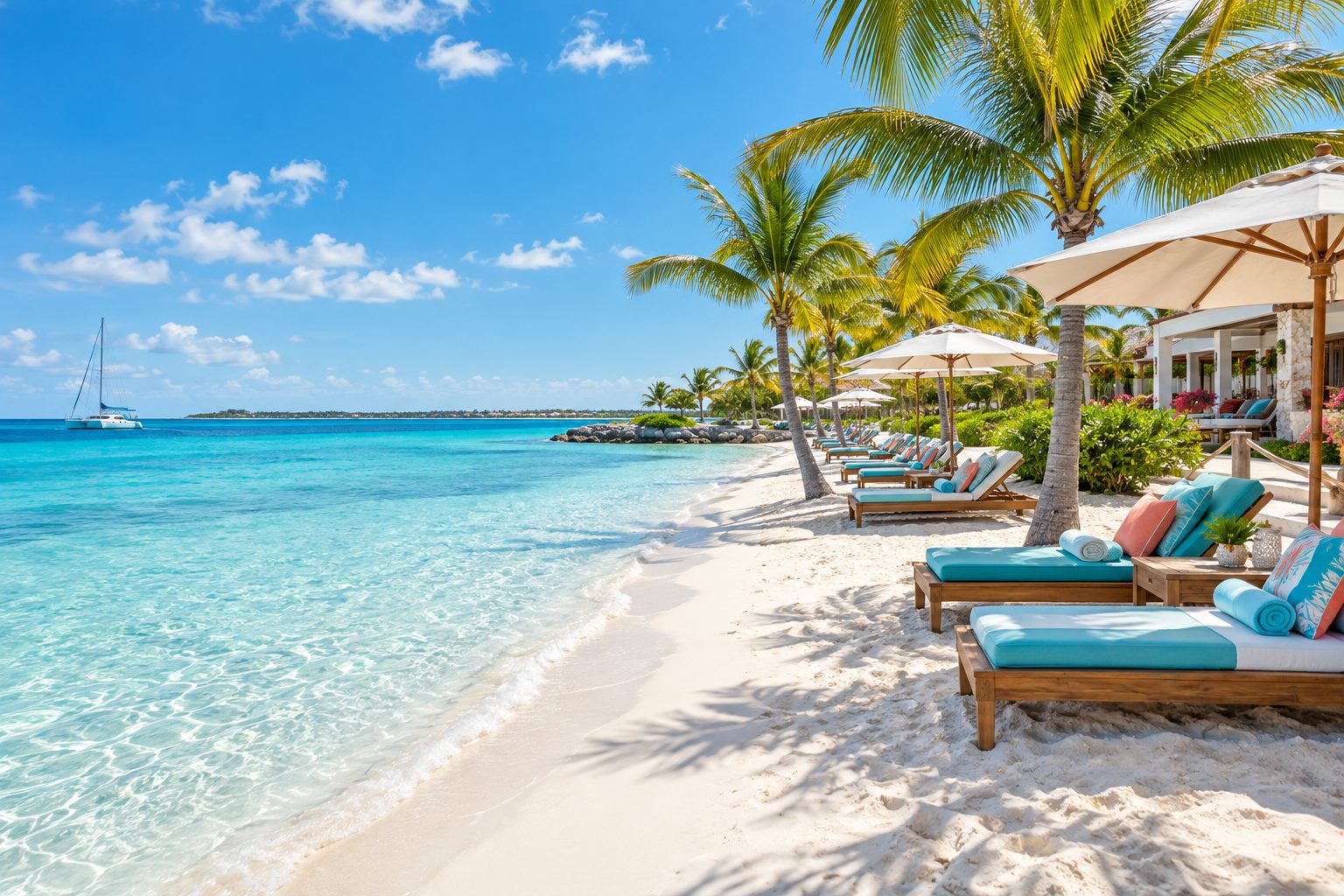 A family in the shallows of a white sand Caribbean beach at midday