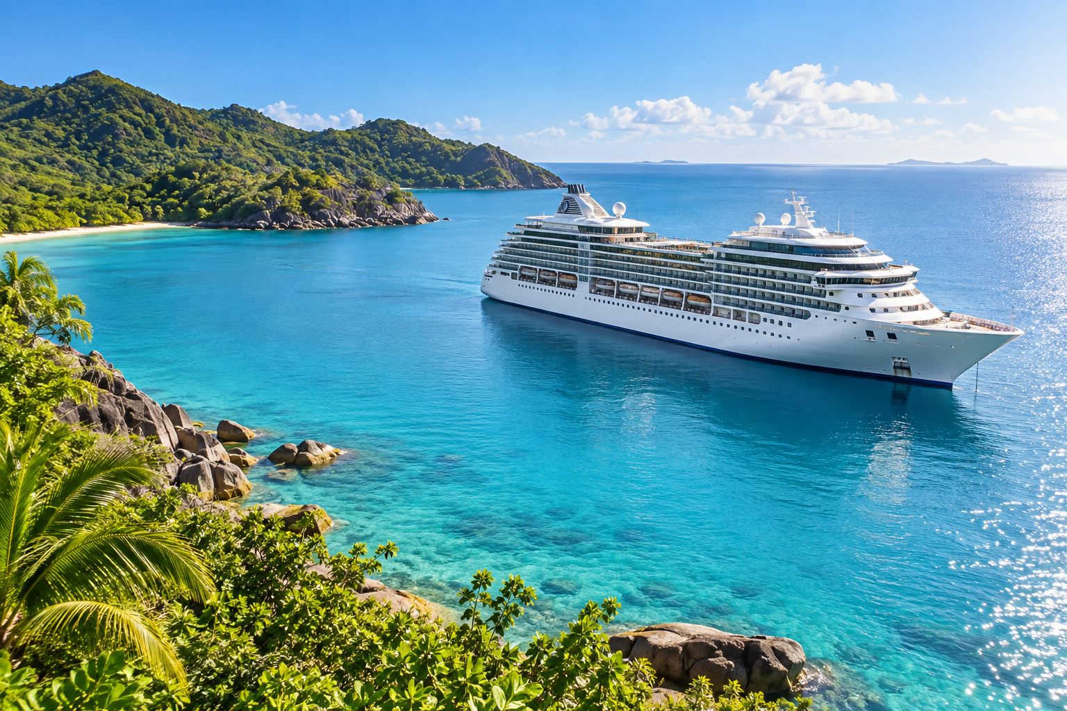 A cruise ship on open ocean at sunrise seen from the water