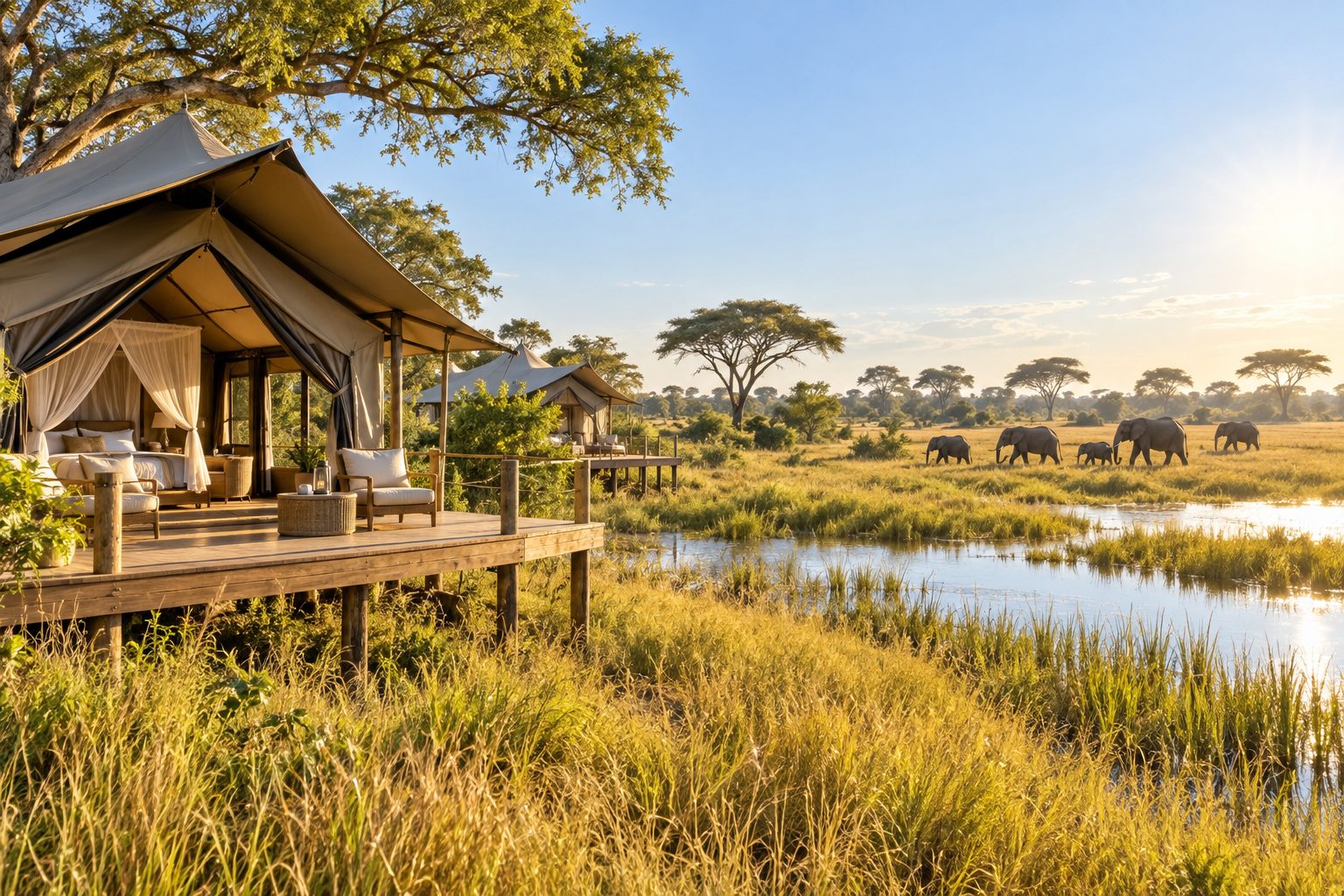 Elephants crossing open savannah at golden hour